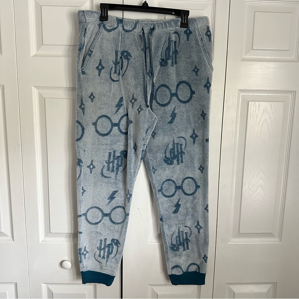 Harry Potter Pants Womens XL Blue Fleece Joggers Lounge Cuffed Hogwarts Winter